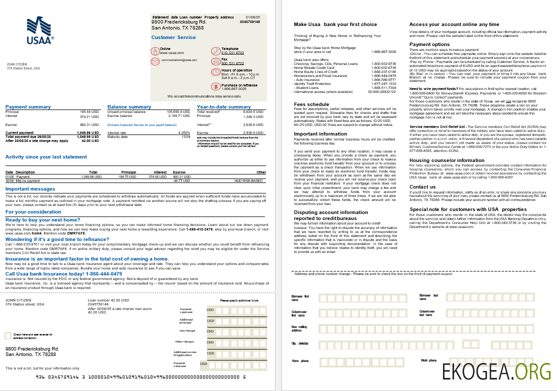USA Relevé hypothécaire de la USAA Bank aux formats Word et PDF, 2 pages